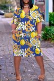 Casual Graphics Print Basic V Neck Short Sleeve Loose Pockets Midi T-Shirt Dress