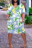 Casual Graphics Print Basic V Neck Short Sleeve Loose Pockets Midi T-Shirt Dress