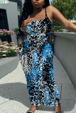 Sleeveless Casual Graphcis Print Backless Spaghetti Strap Long Bodycon Maxi Slip Dress