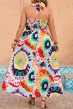 Casual Tie Dye Print Sleeveless Backless Belted Cinch Waist Long Vacation Plus Size Halter Pleated Maxi Dresses