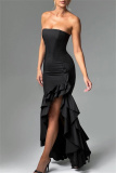 Sleeveless Backless Strapless Ruffle Trim Formal Evening Party Wedding Side Slit Tube Bodycon Maxi Dress