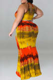Formal Tie Dye Print Sleeveless O Neck Hollow Out Long Mermaid Hem Evening Party Plus Size Bodycon Maxi Dress