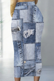 Casual Faux Denim Print High Waist One Step Pencil Skinny Midi Skirt