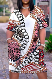 Casual Graphics Print Basic V Neck Short Sleeve Loose Pockets Midi T-Shirt Dress