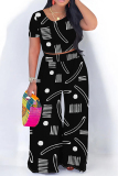 Casual Graphics Print O Neck Short Sleeve Pocket Crop T-Shirt And Wide Leg Pants Vacation Two Pieces Trouser Sets