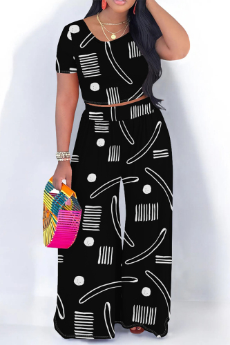 Casual Graphics Print O Neck Short Sleeve Pocket Crop T-Shirt And Wide Leg Pants Vacation Two Pieces Trouser Sets