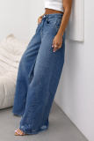 Casual Gradient Color High Waist Pocket Loose Wide Leg Ripped Denim Jeans