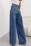 Casual Gradient Color High Waist Pocket Loose Wide Leg Ripped Denim Jeans