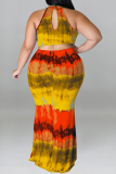 Formal Tie Dye Print Sleeveless O Neck Hollow Out Long Mermaid Hem Evening Party Plus Size Bodycon Maxi Dress