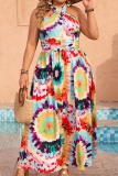 Casual Tie Dye Print Sleeveless Backless Belted Cinch Waist Long Vacation Plus Size Halter Pleated Maxi Dresses