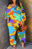 Casual Tropical Print Off Shoulder Long Sleeve Regular Vacation Harem Leg Jumpsuits