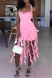 Sleeveless Backless Fringed Trim Wrapped Skirt Formal Evening Party Halter Bodycon Mini Dresses