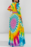 Tie Dye Print O Neck Long Sleeve Strap Design Belt Vacation A Line Maxi Dresses