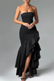 Sleeveless Backless Strapless Ruffle Trim Formal Evening Party Wedding Side Slit Tube Bodycon Maxi Dress