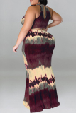 Formal Tie Dye Print Sleeveless O Neck Hollow Out Long Mermaid Hem Evening Party Plus Size Bodycon Maxi Dress