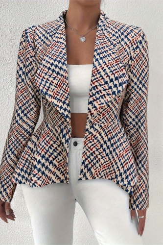 Formal Plaid Print Turn-back Collar Long Sleeve Irregular Hem Office Lady Cardigan Blazer Jackets