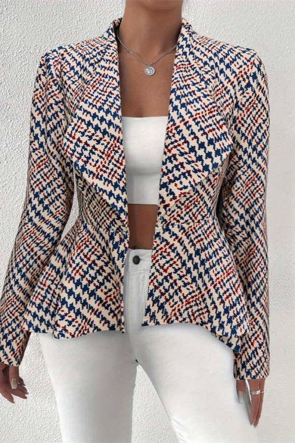 Formal Plaid Print Turn-back Collar Long Sleeve Irregular Hem Office Lady Cardigan Blazer Jackets