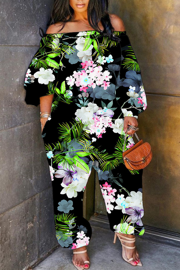 Casual Tropical Print Off Shoulder Long Sleeve Regular Vacation Harem Leg Jumpsuits