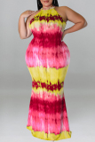 Formal Tie Dye Print Sleeveless O Neck Hollow Out Long Mermaid Hem Evening Party Plus Size Bodycon Maxi Dress