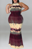 Formal Tie Dye Print Sleeveless O Neck Hollow Out Long Mermaid Hem Evening Party Plus Size Bodycon Maxi Dress