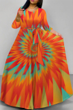 Tie Dye Print O Neck Long Sleeve Strap Design Belt Vacation A Line Maxi Dresses