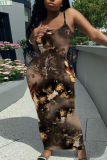 Sleeveless Casual Floral Print Backless Spaghetti Strap Long Bodycon Maxi Slip Dress