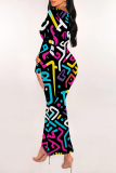 Casual Geometric Print O Neckt Short Sleeve One Step Skirt Vacation Bodycon Midi T-shirt Dress