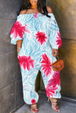 Casual Tropical Print Off Shoulder Long Sleeve Regular Vacation Harem Leg Jumpsuits