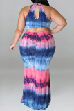 Formal Tie Dye Print Sleeveless O Neck Hollow Out Long Mermaid Hem Evening Party Plus Size Bodycon Maxi Dress