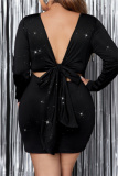 Formal Backless O Neck Long Sleeve Belted Glitter Evening Party Plus Size Bodycon Mini Dress