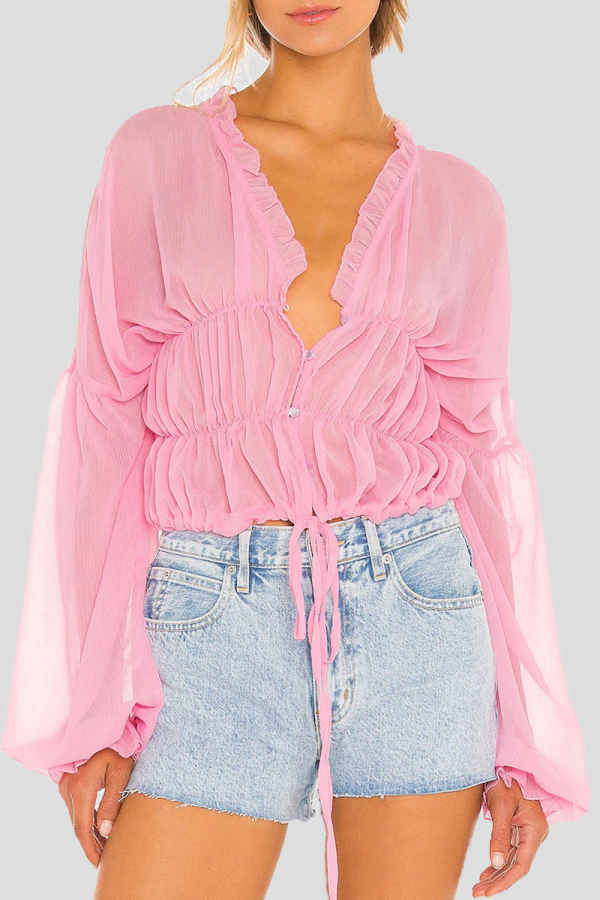 Formal See-Through V Neck Long Sleeve Ruffle Trim Vacation Ruched Chiffon Blouse