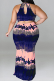 Formal Tie Dye Print Sleeveless O Neck Hollow Out Long Mermaid Hem Evening Party Plus Size Bodycon Maxi Dress