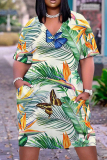 Casual Graphics Print Basic V Neck Short Sleeve Loose Pockets Midi T-Shirt Dress