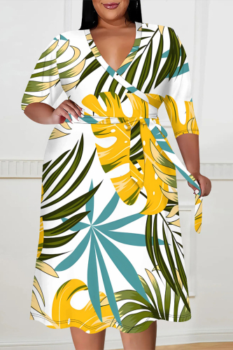 Floral Print V Neck Short Sleeve Lace Up Vacation Plus Size A Line Midi Dresses