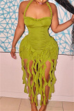 Sleeveless Backless Fringed Trim Wrapped Skirt Formal Evening Party Halter Bodycon Mini Dresses