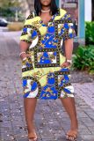 Casual Graphics Print Basic V Neck Short Sleeve Loose Pockets Midi T-Shirt Dress