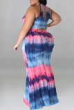 Formal Tie Dye Print Sleeveless O Neck Hollow Out Long Mermaid Hem Evening Party Plus Size Bodycon Maxi Dress