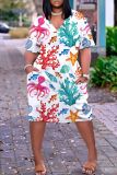 Casual Graphics Print Basic V Neck Short Sleeve Loose Pockets Midi T-Shirt Dress