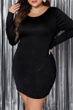 Formal Backless O Neck Long Sleeve Belted Glitter Evening Party Plus Size Bodycon Mini Dress