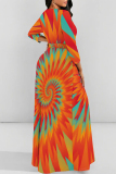 Tie Dye Print O Neck Long Sleeve Strap Design Belt Vacation A Line Maxi Dresses