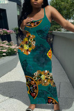 Sleeveless Casual Floral Print Backless Spaghetti Strap Long Bodycon Maxi Slip Dress