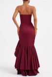 Sleeveless Backless Strapless Ruffle Trim Formal Evening Party Wedding Side Slit Tube Bodycon Maxi Dress