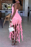 Sleeveless Backless Fringed Trim Wrapped Skirt Formal Evening Party Halter Bodycon Mini Dresses