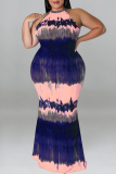 Formal Tie Dye Print Sleeveless O Neck Hollow Out Long Mermaid Hem Evening Party Plus Size Bodycon Maxi Dress