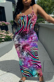Sleeveless Casual Graphcis Print Backless Spaghetti Strap Long Bodycon Maxi Slip Dress