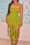 Sleeveless Backless Fringed Trim Wrapped Skirt Formal Evening Party Halter Bodycon Mini Dresses