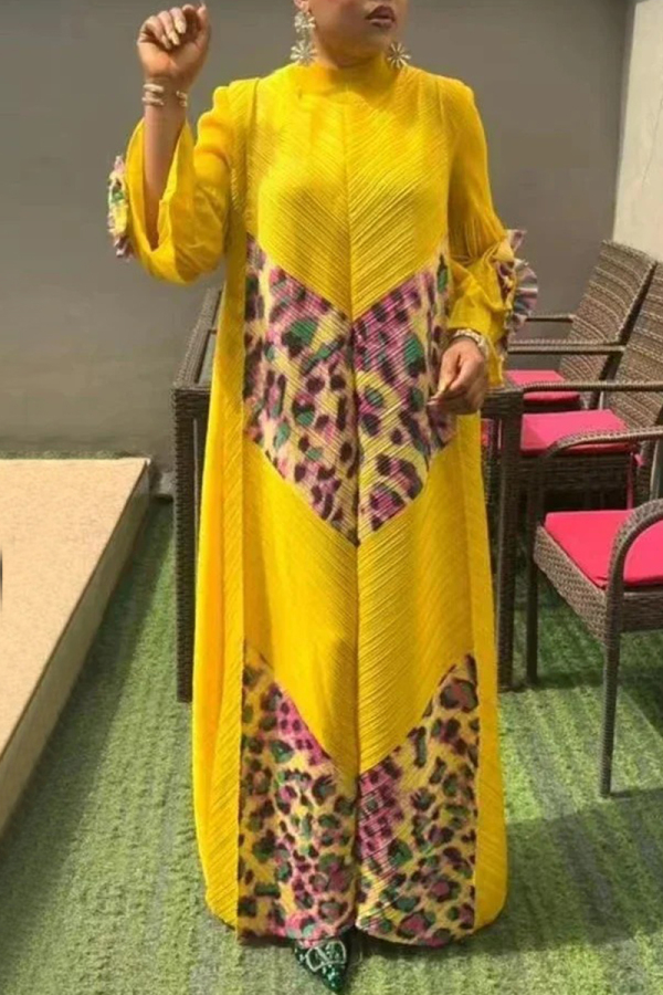 Formal Leopard Print Half A Turtleneck Petal Sleeve Long Plus Size Evening Party Loose Vacation Pleated Maxi Dresses