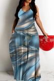 Sexy Graphics Print Backless Spaghetti Strap Floor Length Vacation Baggy Sundress Slip Maxi Dress