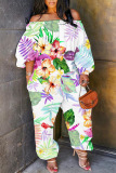 Casual Tropical Print Off Shoulder Long Sleeve Regular Vacation Harem Leg Jumpsuits
