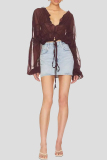 Formal See-Through V Neck Long Sleeve Ruffle Trim Vacation Ruched Chiffon Blouse